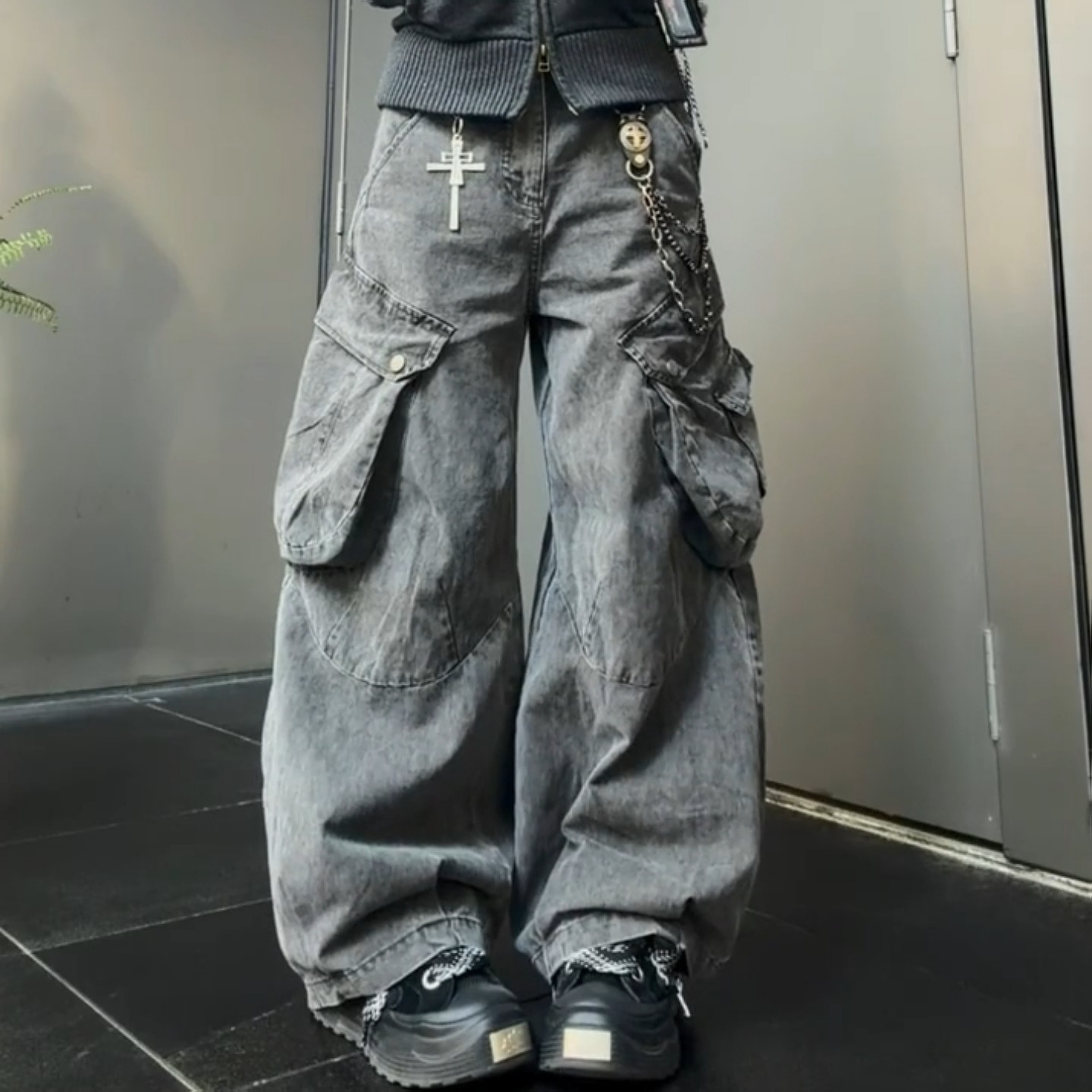 美式大码复古做旧大口袋工装牛仔裤男女街头vibe宽松弯刀阔腿长裤,女装/女士精品,大码裤装,淘宝优惠券,粉丝福利购,淘宝优惠卷