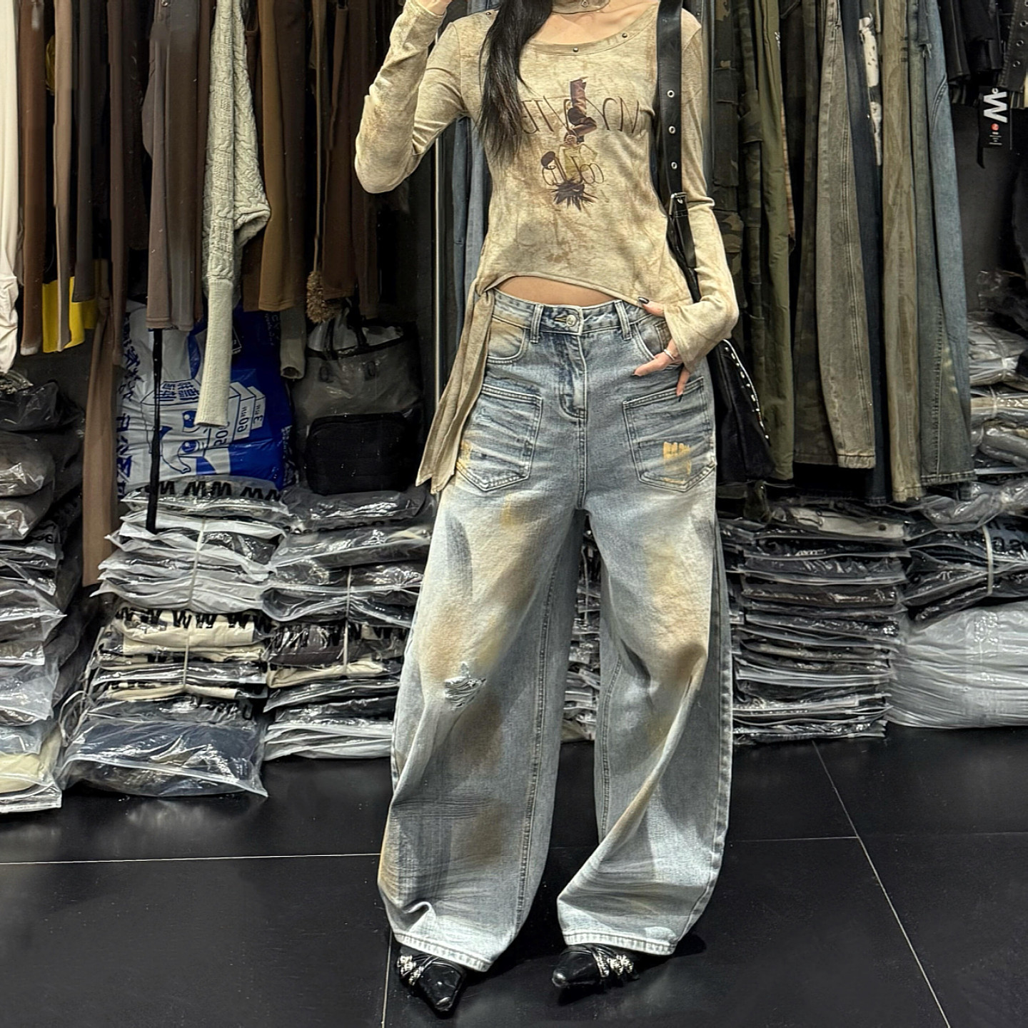 大码美式复古水洗脏染破洞牛仔裤女街头辣妹宽松阔腿垂感拖地裤潮,女装/女士精品,大码裤装,淘宝优惠券,粉丝福利购,淘宝优惠卷