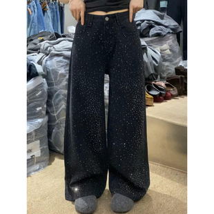 女炸街时髦拖地休闲裤 复古水洗满天星烫钻黑色阔腿裤 显瘦 美式 大码
