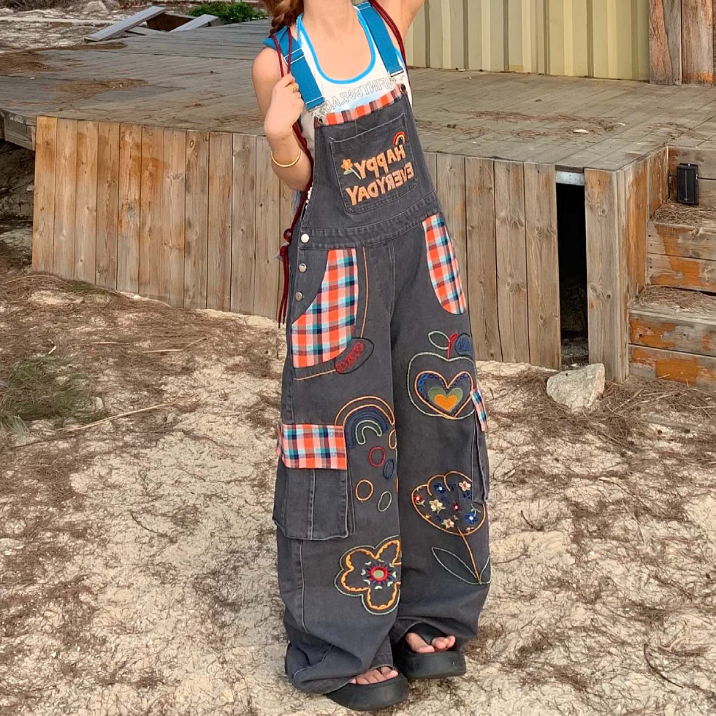 大码美式复古小众刺绣水洗牛仔背带裤女2026新款宽松阔腿连体长裤