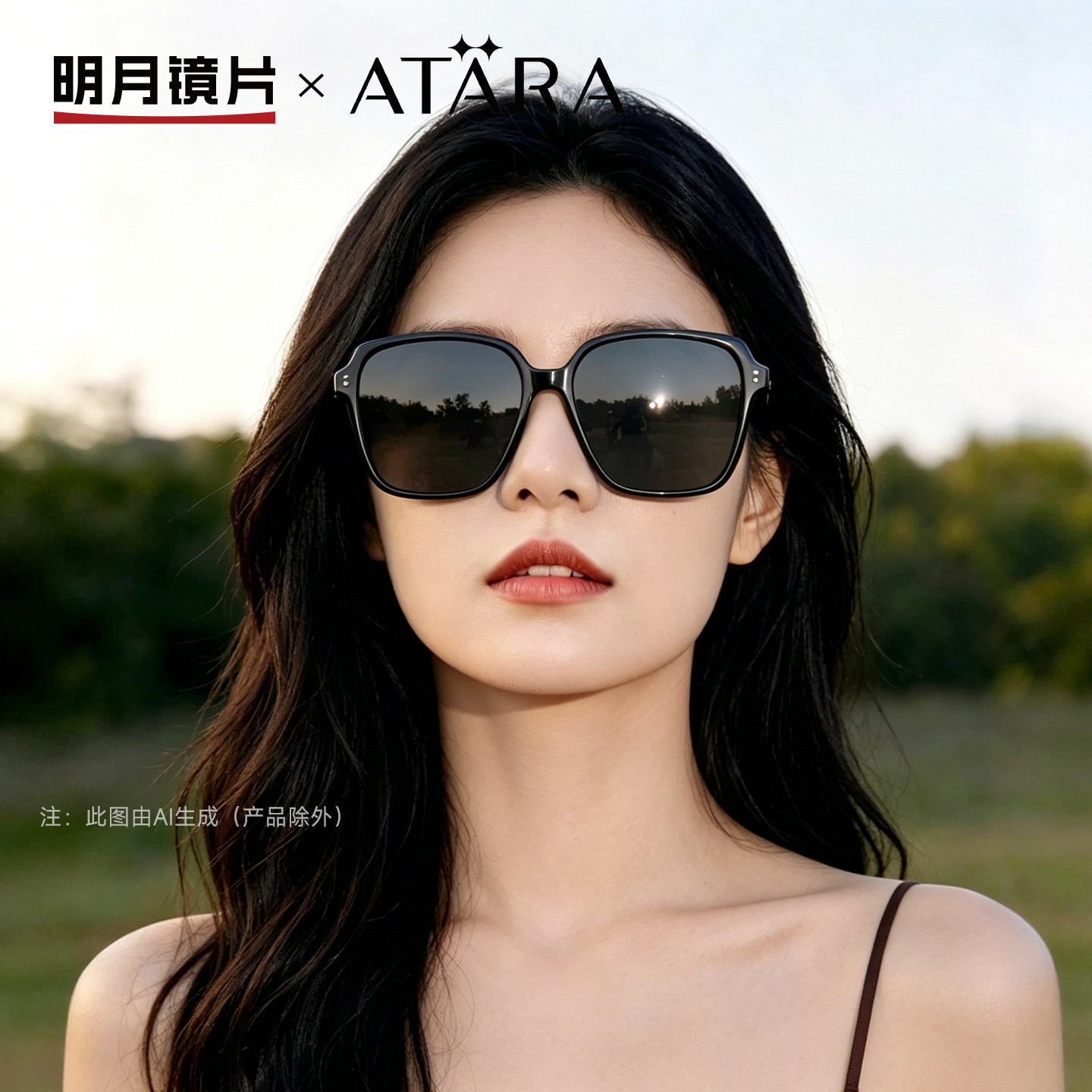 明月阿塔那防紫外线高级感墨镜女新款太阳镜超轻防晒方框男A53007