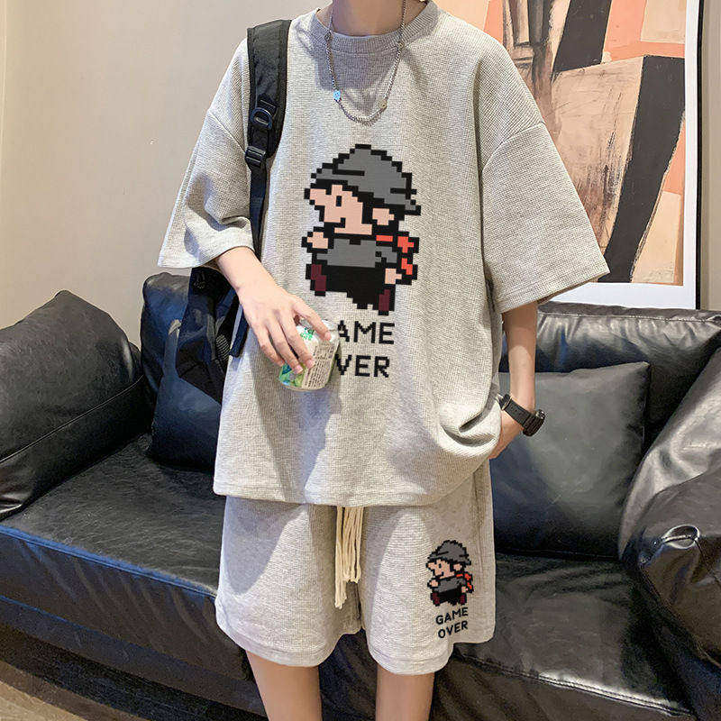 华夫格休闲运动服套装男夏季港风潮牌短袖短裤两件套青少年大码