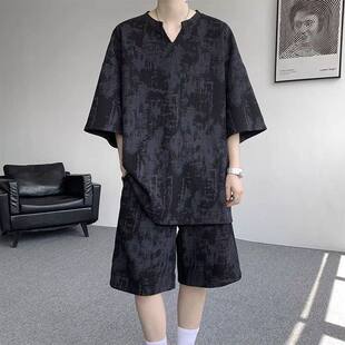 扎染休闲套装男款夏季2025新款美式穿搭两件套高级感运动短袖短裤