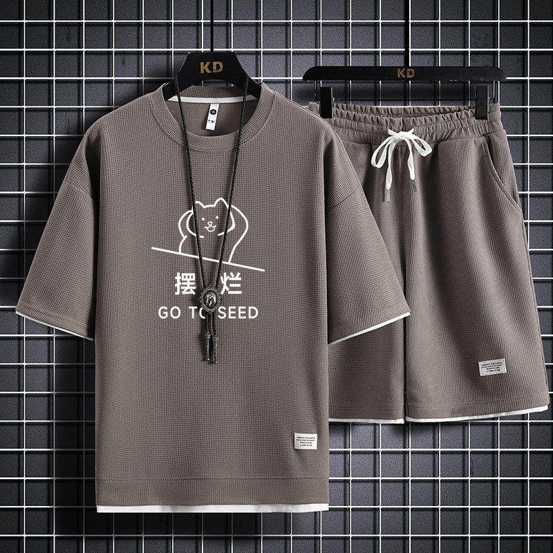 华夫格男士套装夏季休闲痞帅短袖t恤潮牌宽松运动短裤一套搭衣服