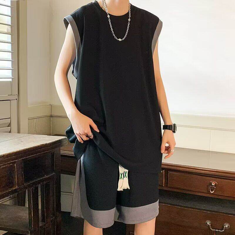 青少年无袖t恤套装男夏季潮牌宽松坎肩运动服健身背心短裤两件套