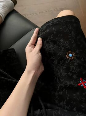 黑色重磅扎染刺绣短裤男夏季薄款外穿健身运动裤子休闲宽松五分裤