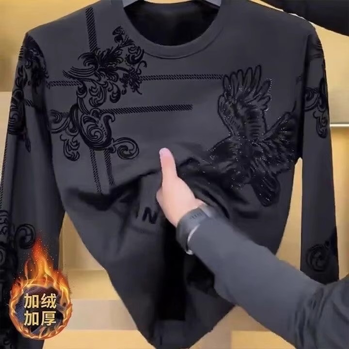 轻奢潮流加绒老鹰圆领男士卫衣秋冬季新款保暖长袖打底衫百搭