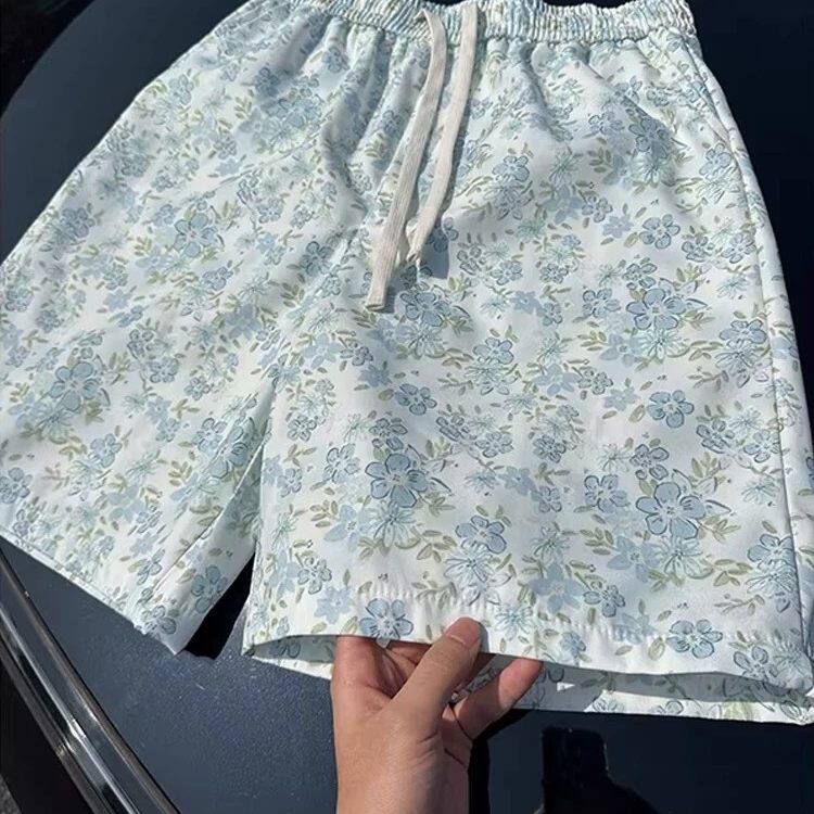 美式复古蓝色小花短裤男夏季薄款夏威夷沙滩五分裤子情侣宽松中裤