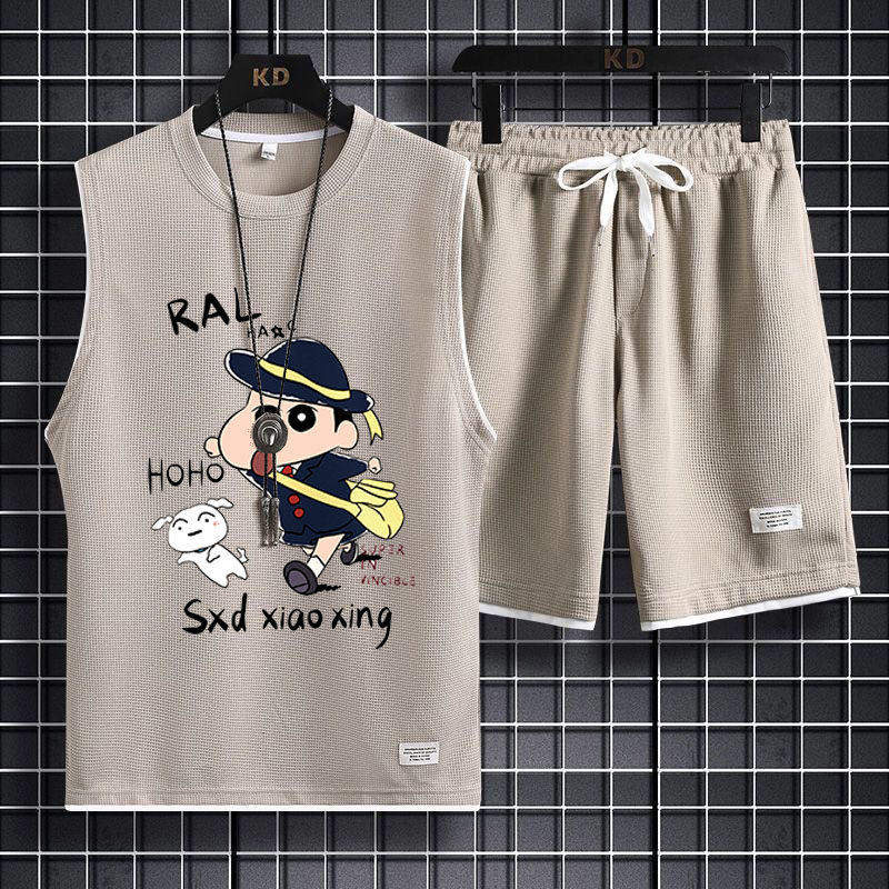 华夫格套装男士2026夏季潮牌假两件无袖短裤搭配休闲运动服两件套