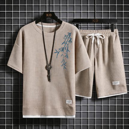 清仓捡漏华夫格休闲运动服宽松套装男士夏季短袖T恤搭配短裤一套