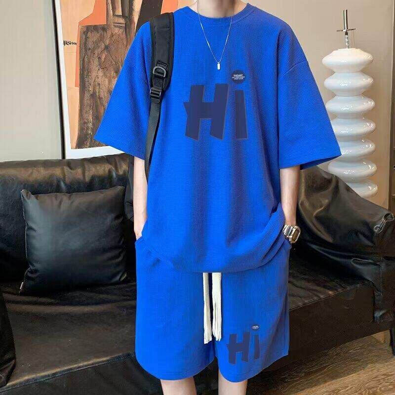 套装男士夏季华夫格短袖t恤短裤宽松情侣训练潮流健身休闲运动服