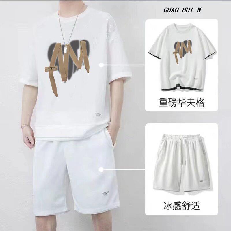 华夫格短袖T恤短裤套装男式夏季宽松休闲衣服潮牌五分袖运动体恤