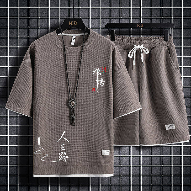 短袖t恤男士休闲运动套装夏季ins潮流印花男生帅气一套搭配上衣服