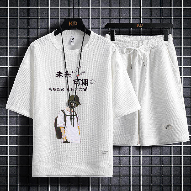 清仓捡漏华夫格休闲运动服宽松套装男士夏季短袖T恤搭配短裤一套