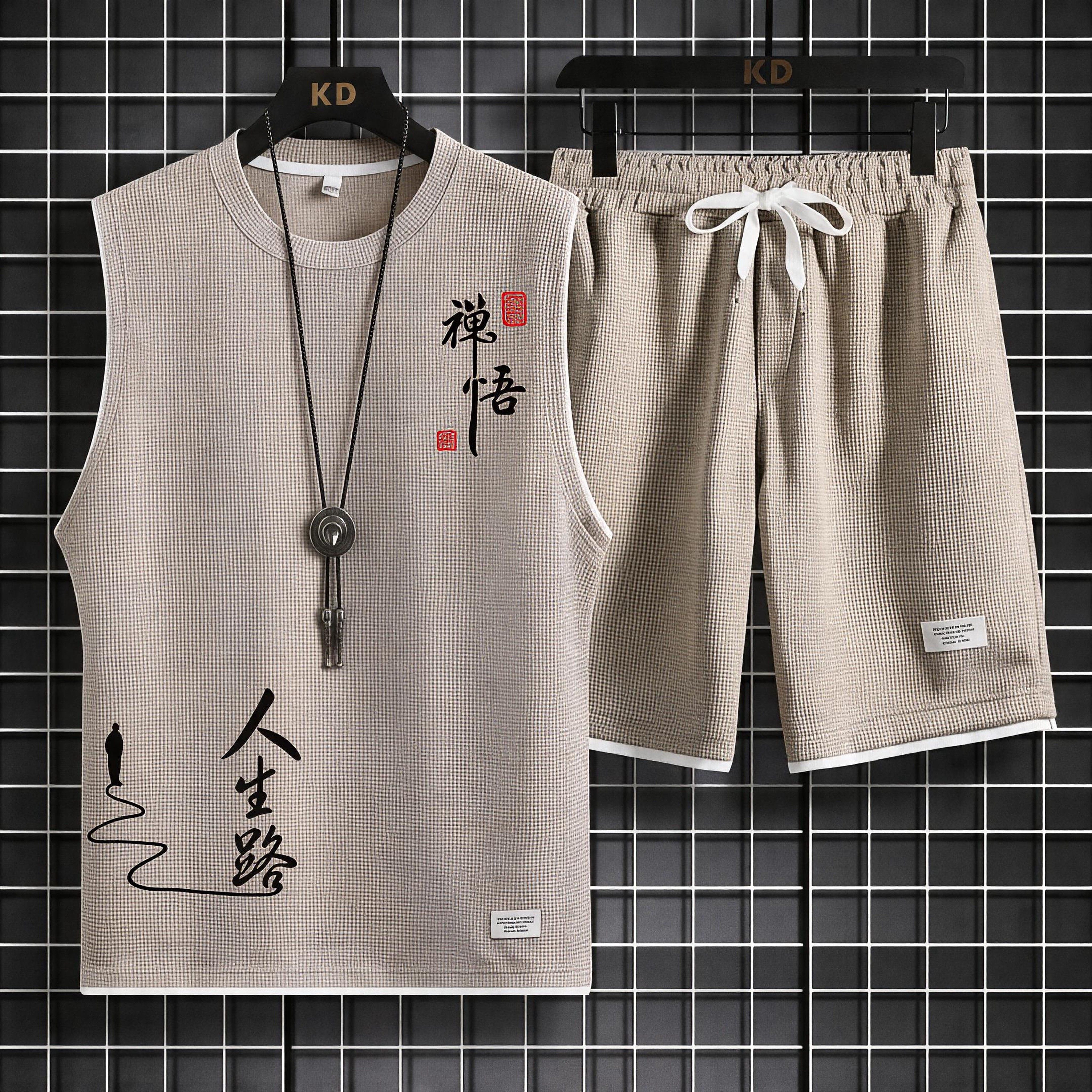 休闲运动套装男士夏季2026新款华夫格无袖T恤短裤背心篮球服夏天