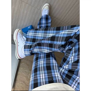 夏季美式高街阔腿裤子男士蓝色弯刀格子裤男女潮流直筒运动休闲裤