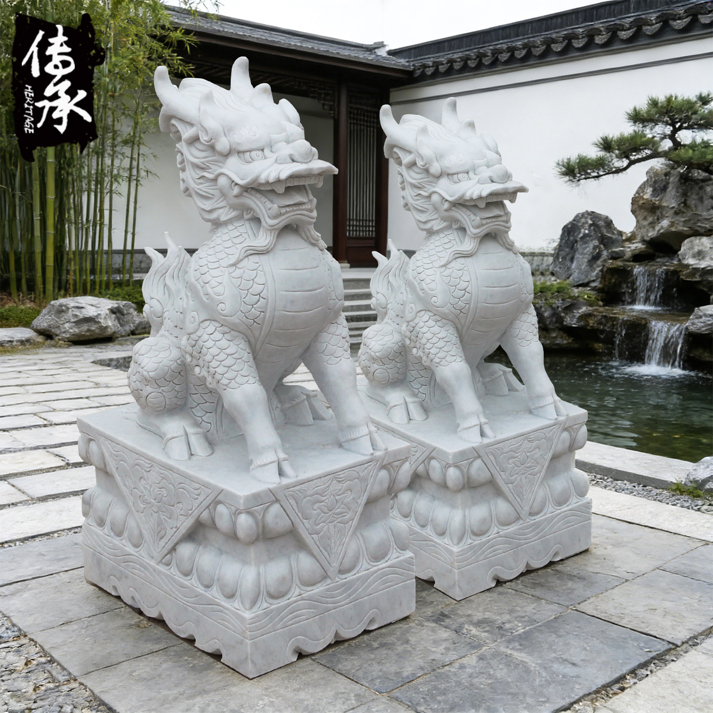 汉白玉麒麟一对镇宅招财晚霞红纳福家用酒店别墅石雕门口摆件包邮