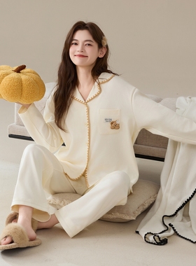 纯棉睡衣女春秋季2026新款长袖翻领清新简约休闲大码家居服可外穿