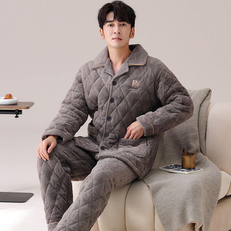 睡衣男夹棉刺绣家居服