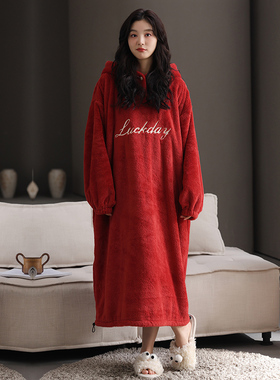 睡袍女冬珊瑚绒长款卡通可爱加绒加厚睡裙冬天学生浴袍红色本命年