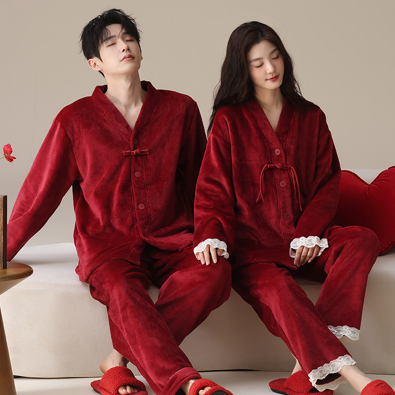 套装红色本命年加绒加厚冬法兰绒