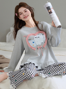 睡衣女2026新款春秋季纯棉长袖可爱卡通少女甜美花边家居服套装