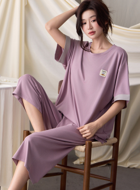 带胸垫睡衣女夏季莫代尔半袖七分裤2026新款可外穿家居服宽松套装