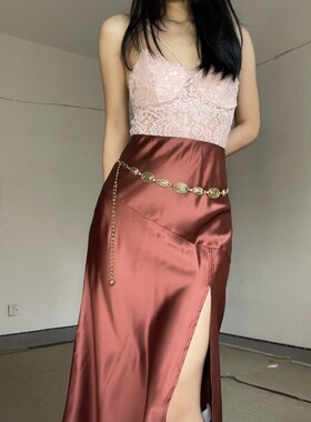 别太优雅了高腰光泽缎面半身裙高端丝滑纯色开叉长裙欧美大摆裙女