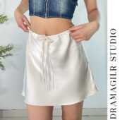 缎面半身裙时尚 抽绳款 迷你裙 休闲宽松纯色系带女士短裙垂感高腰