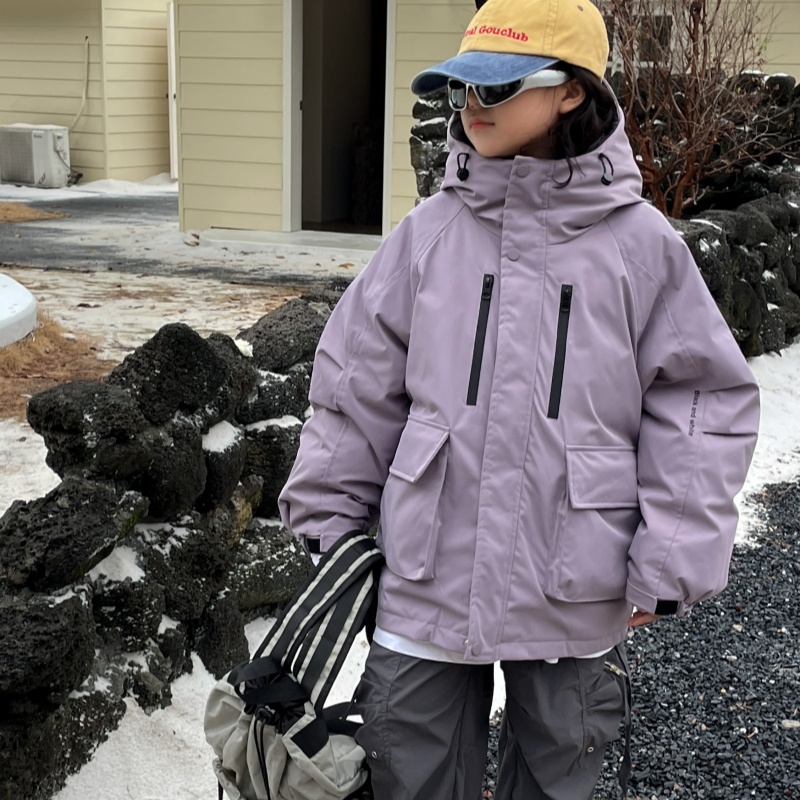 户外滑雪男女童抗寒羽绒服白鸭绒冬季新款中大童加厚工装连帽外套