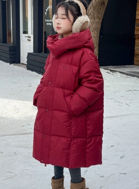 2025冬季新款90白鸭绒中大男女童加厚保暖红色洋气连帽羽绒服外套