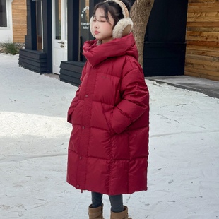 2025冬季新款90白鸭绒中大男女童加厚保暖红色洋气连帽羽绒服外套