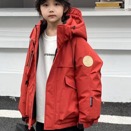 男童连帽保暖防风羽绒服2024冬季新款加厚工装女童派克服亲子外套