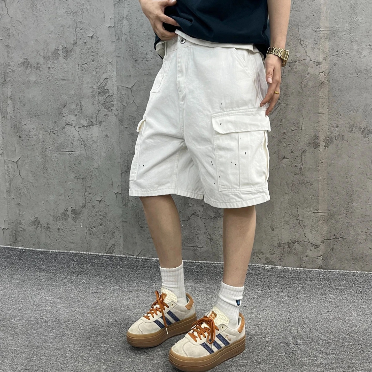 韩版夏新款宽松工装大口袋简约白色竹节牛仔时尚短裤休闲五分裤男