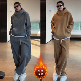 重磅加绒连帽卫衣卫裤两件套冬季爆款时尚纯色休闲套装男女高级感