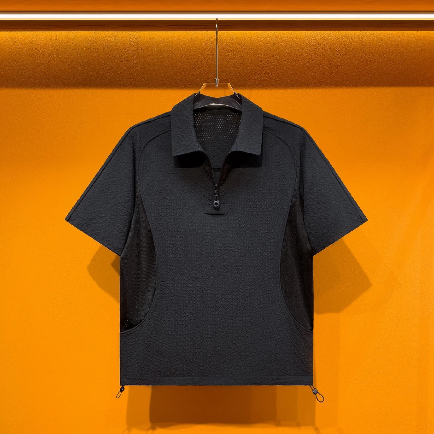 夏季新款男士时尚休闲百搭品质商务泡泡纱拼接透气网孔翻领上衣潮