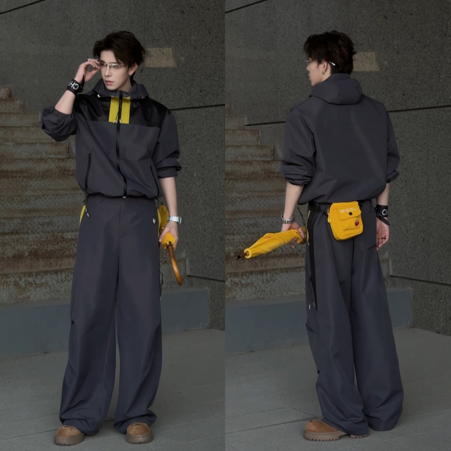秋季美式拼色男士廓形休闲两件套