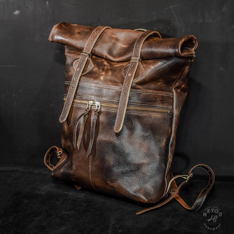 HEYOU复古植鞣牛皮卷盖后背包男