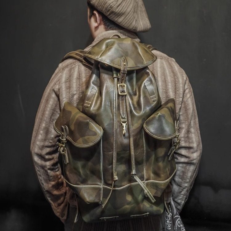 Heyou植鞣牛皮迷彩后背双肩包男