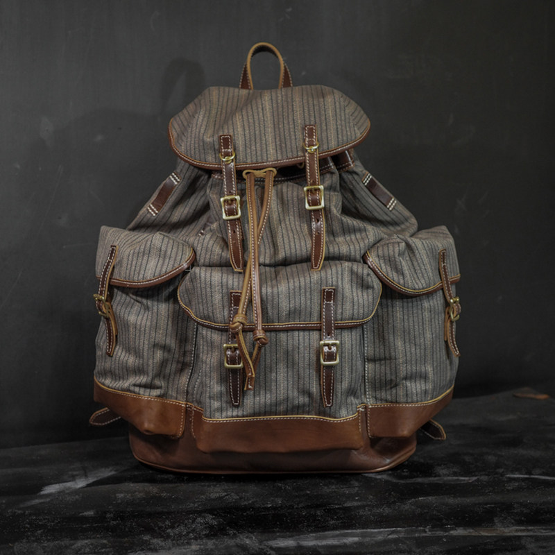 Heyou复古咖色直纹帆布双肩包男