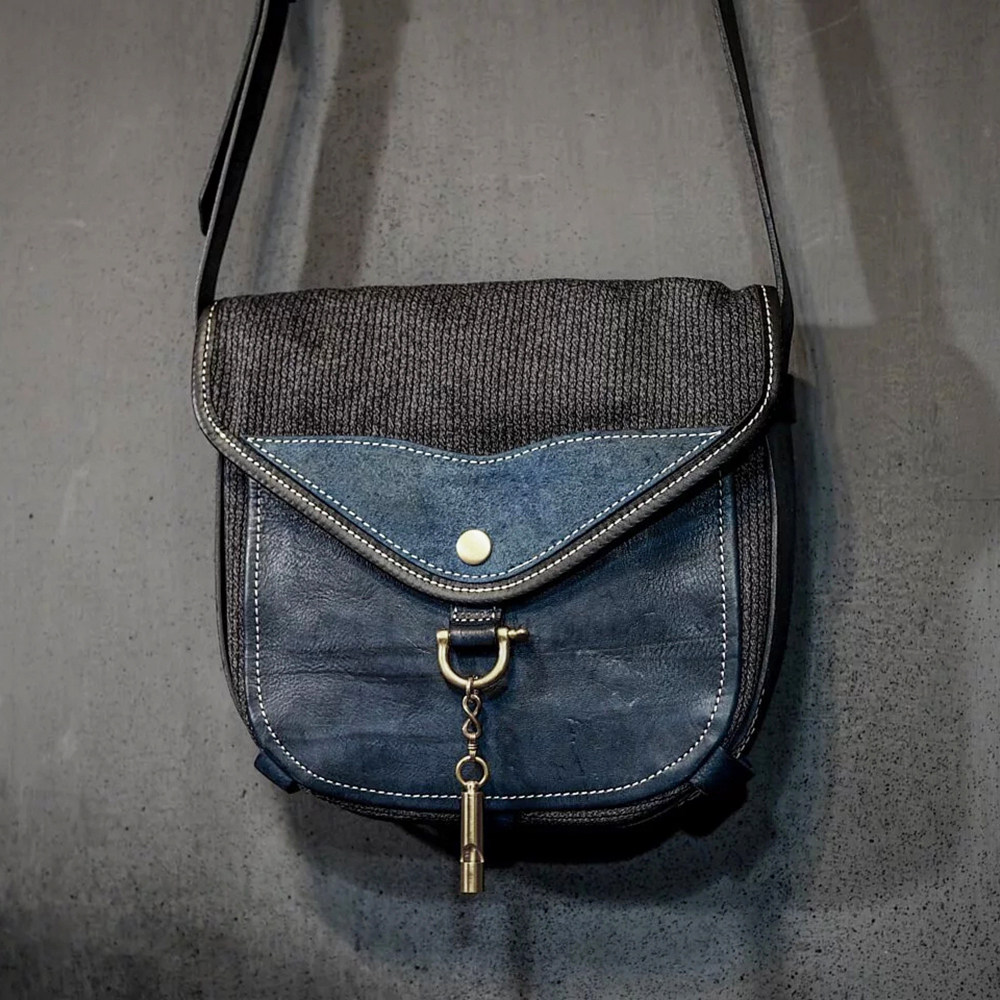 台湾HEYOU蓝条纹旅人马鞍包复古百搭手工制高级单肩包通勤斜挎包