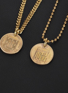澳门福字一毫硬币吊坠项链男女幸运真钱币黄铜链小众复古饰品礼物
