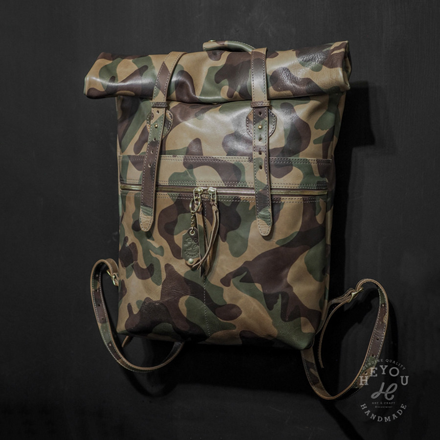 HEYOU情侣迷彩植鞣牛皮双肩包