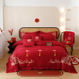 100支婚庆纯棉四件套刺绣红色被套全棉中式 结婚床单婚嫁床上用品