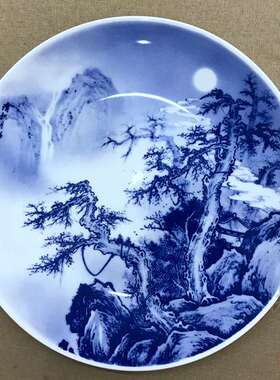 超值景德镇陶瓷青花手绘骨质瓷装饰瓷盘中式挂盘坐盘夜色墙饰摆件