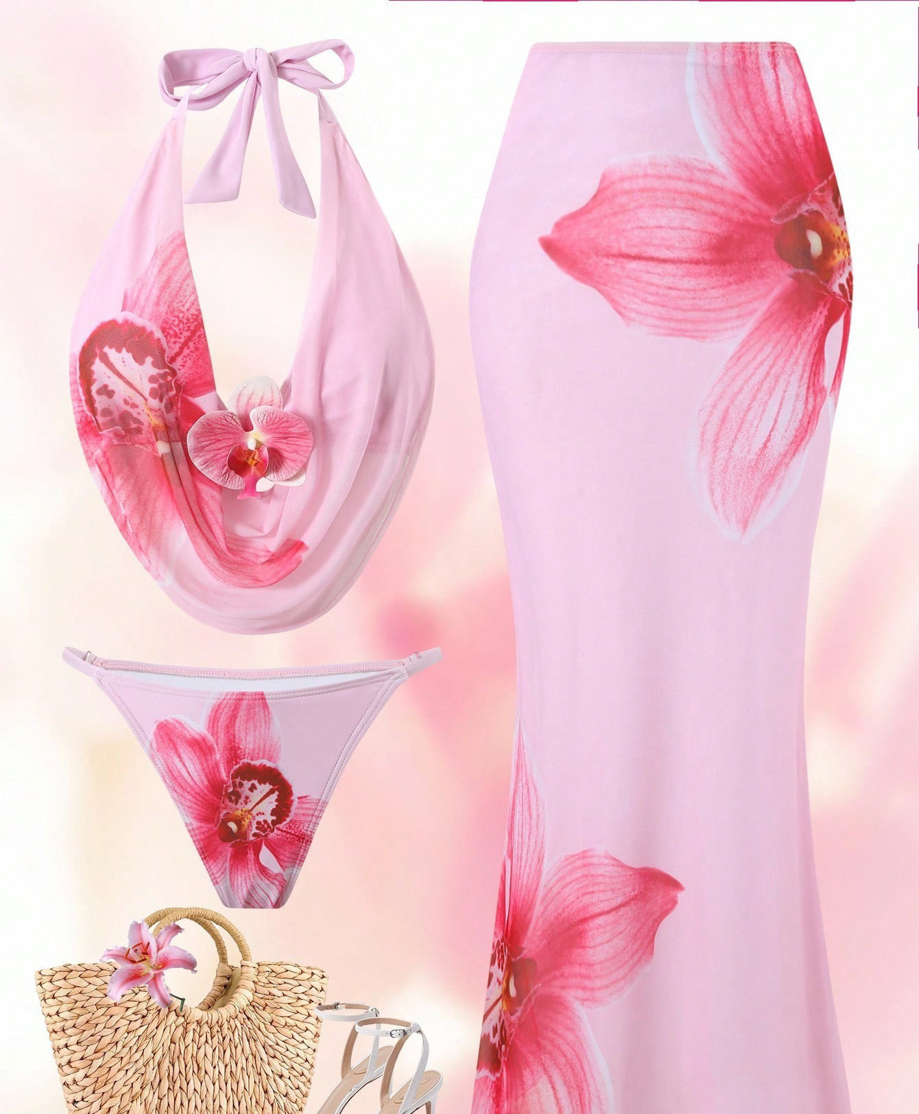 复古风高级感挂脖礼服泳衣印花纯欲性感比基尼三件套女修身