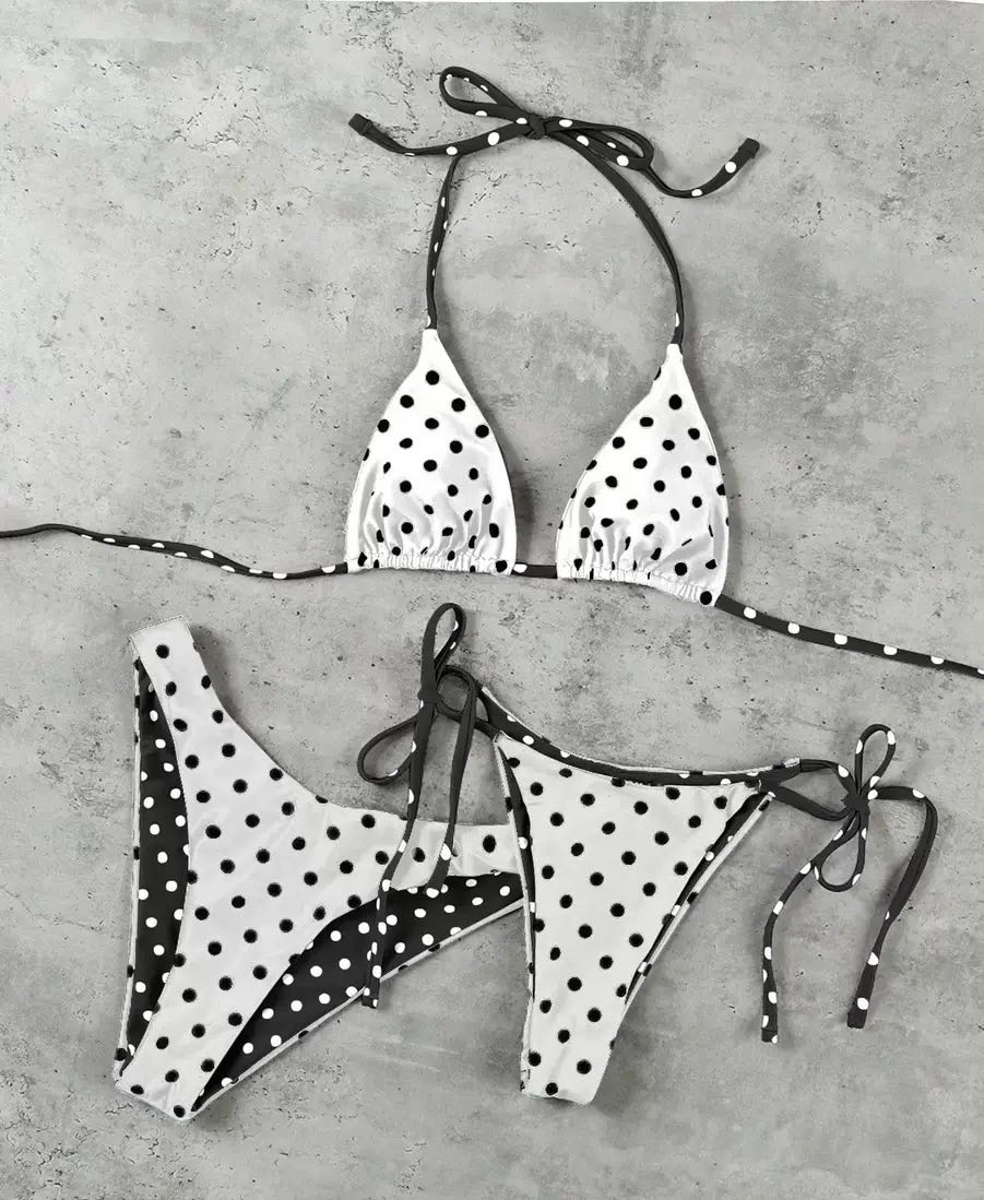 女士三件套泳衣多色圆点爆款三角包绑带bikini性感双裤头沙滩度假