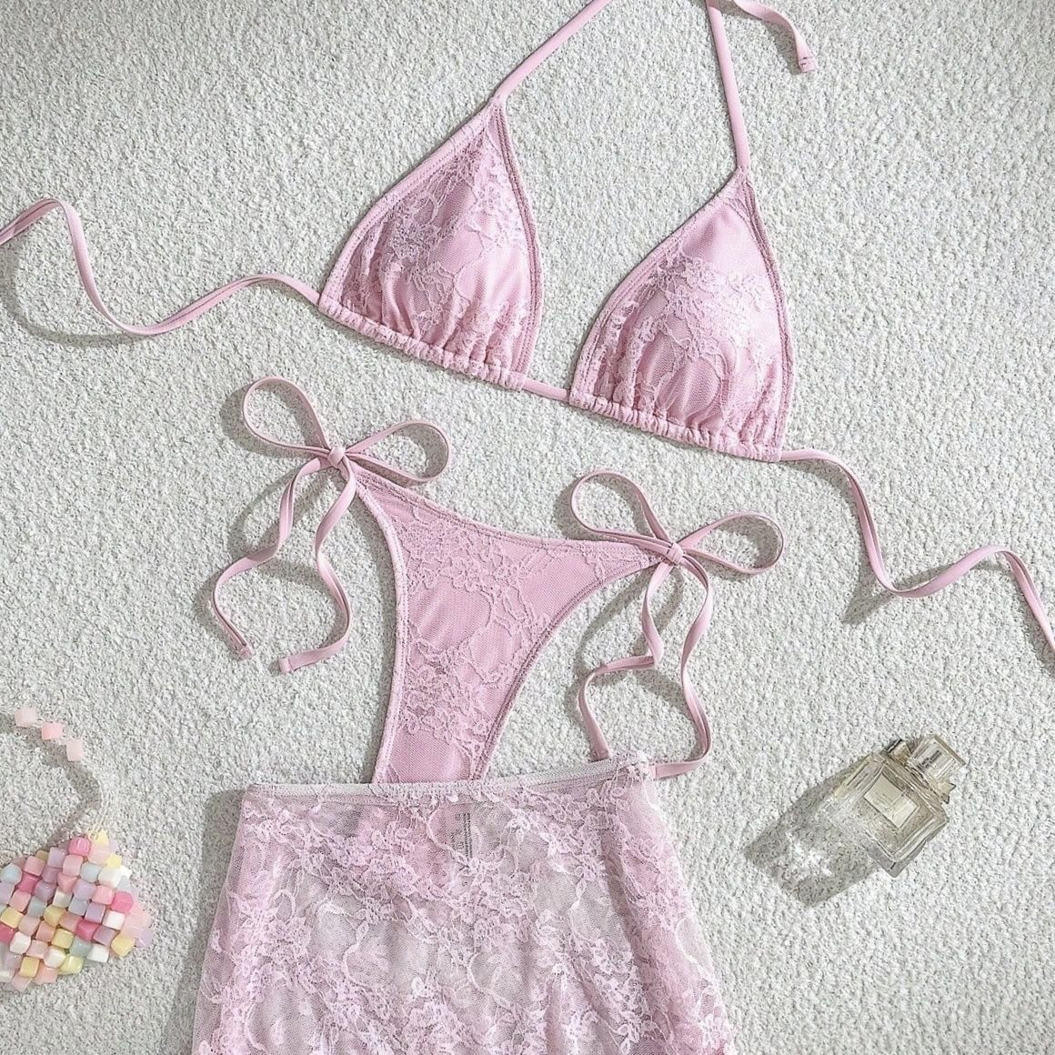 欧美性感新款比基尼泳衣三件套蕾丝女小众超仙日系高级裙子三角杯