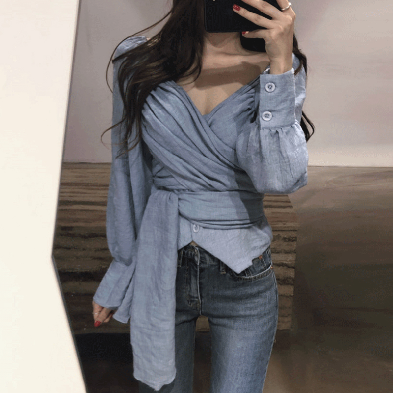 春装韩国chic气质优雅大V领褶皱纯色系带束腰修身显瘦衬衫上衣女|ruв категории Женская одежда, рубашка - от Buy2taobao.com для оказания профессиональной услуги покупки агента Taobao