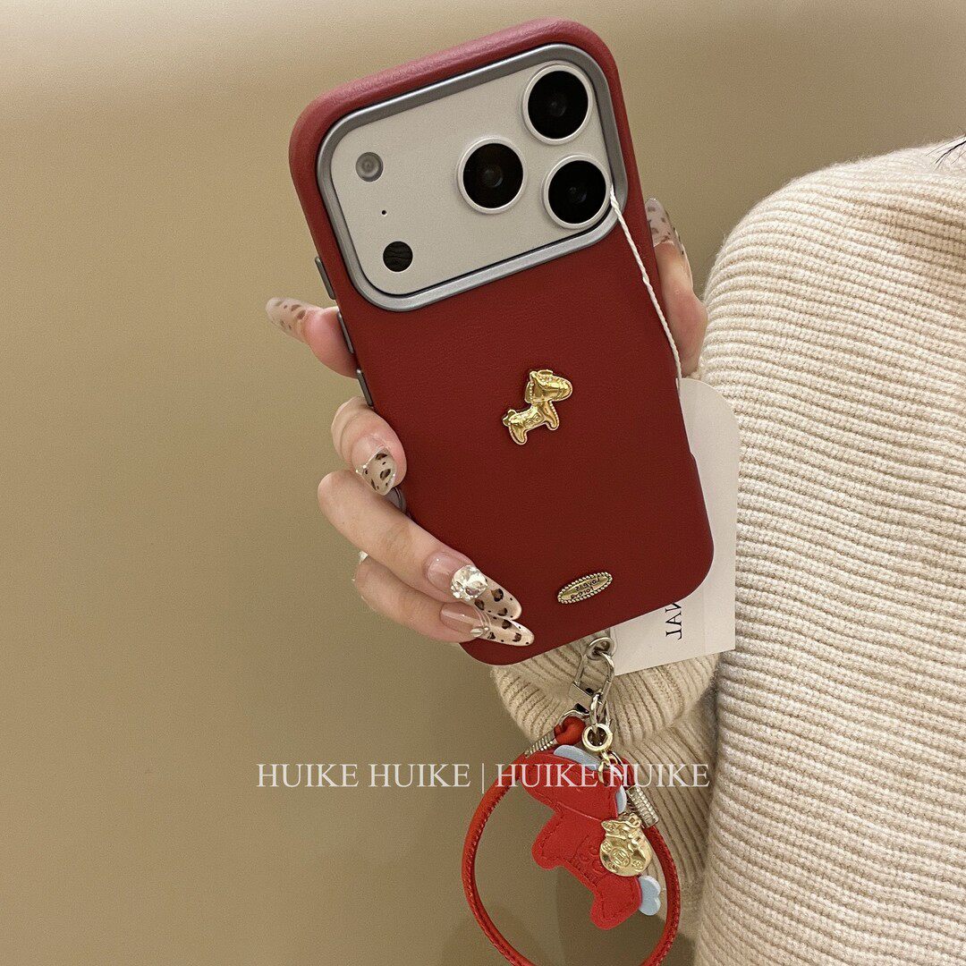 马年高级感小金马皮质防摔适用苹果17/16ProMax超漂亮手机壳15pro新款轻奢情侣外壳14/13新年红色小众保护套